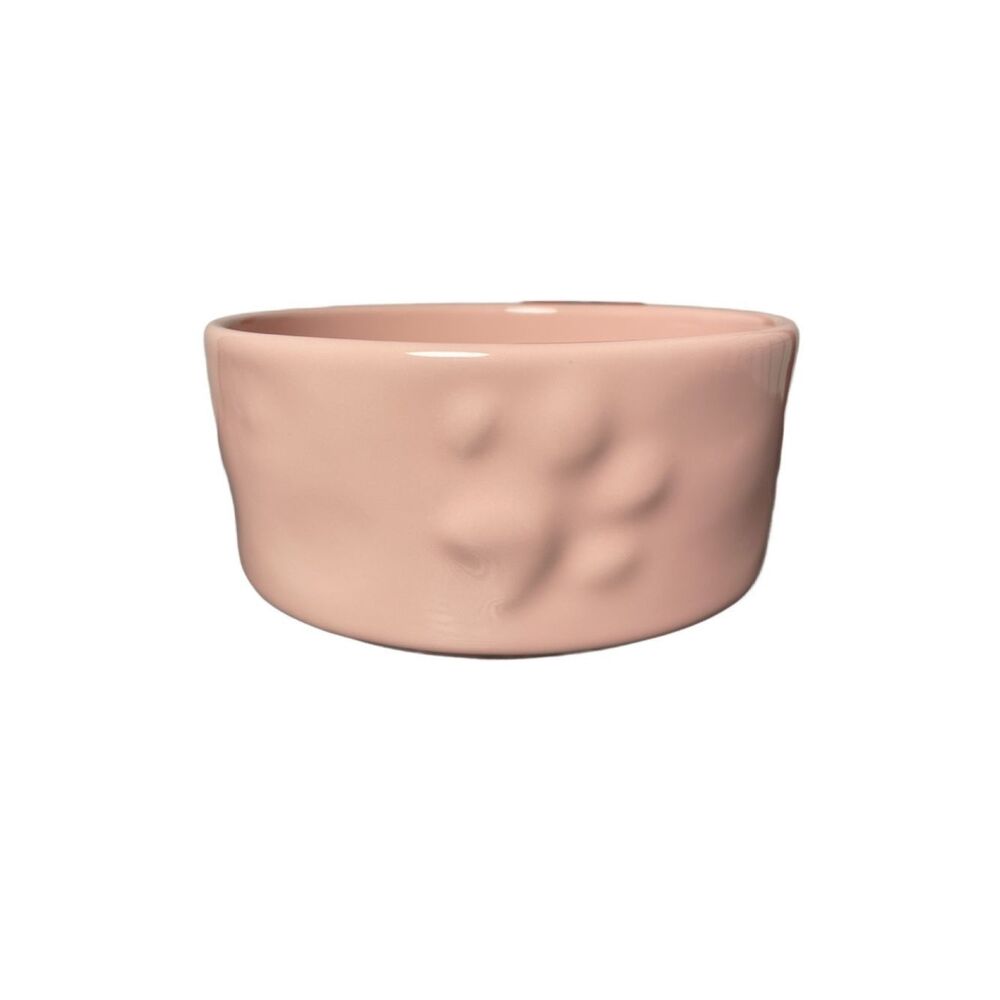 Glazed Ceramic Dog Bowl in Blush Pink with Embossed Paw Print Designs